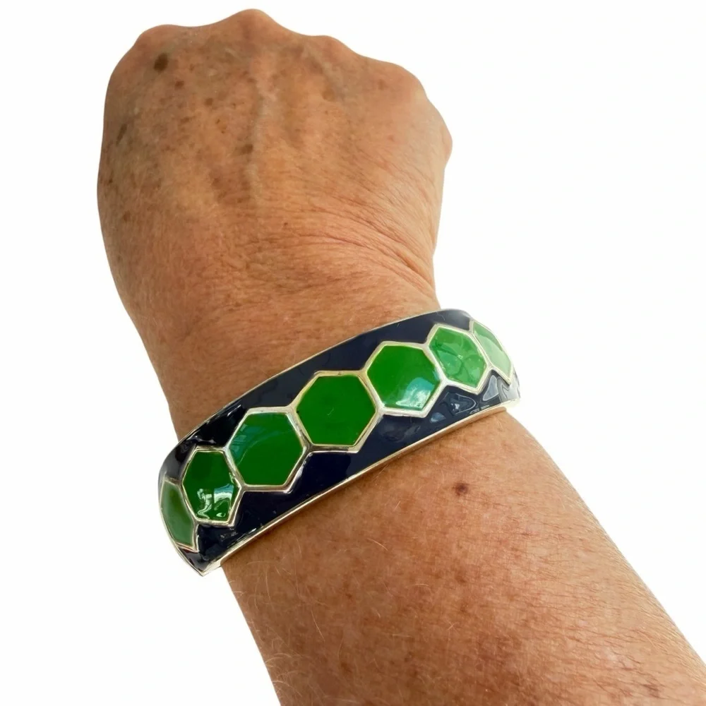 Enamel Green and Blue Hexagon Bangle Bracelet Statement‎ Spring Hinge Seahawks